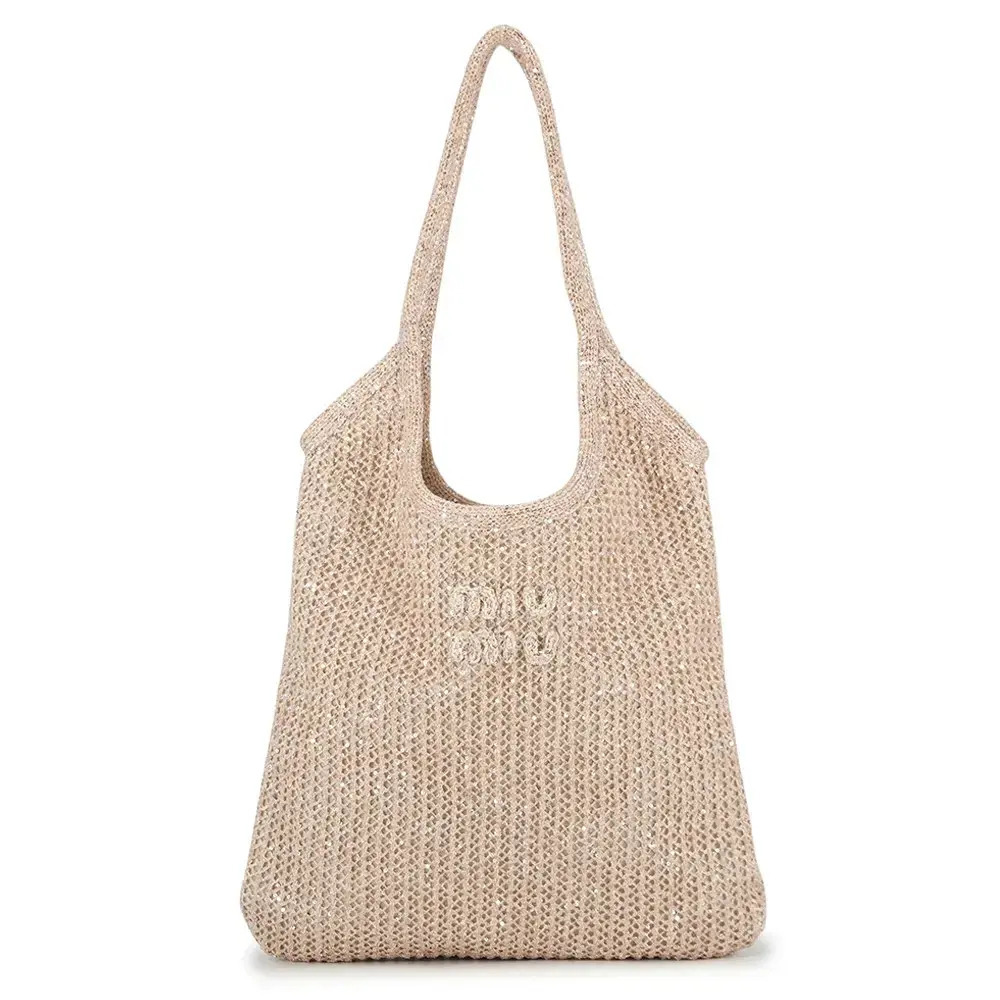 Miu Miu Ivy Sequin Mesh Leather Tote Bag Gold